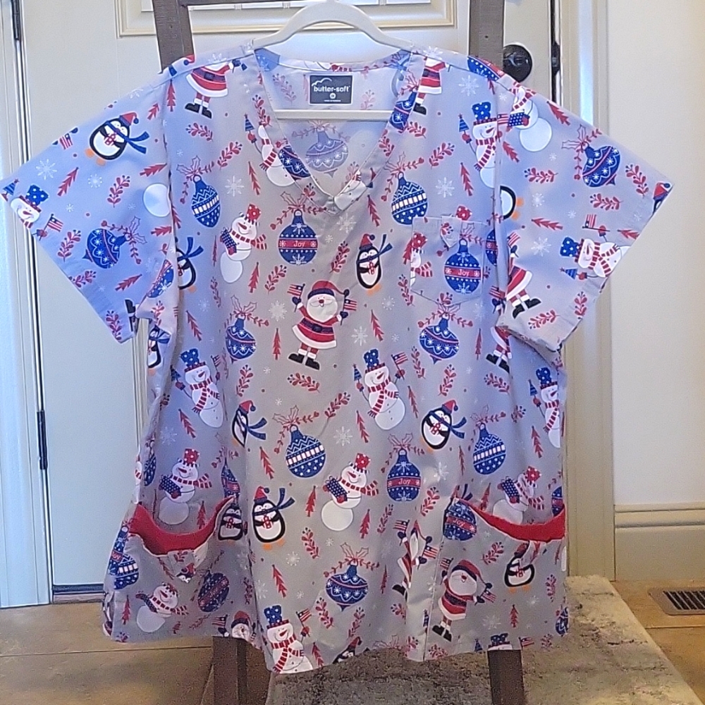 Patriotic Santa Snowman Penguins and Ornaments Christmas scrub top